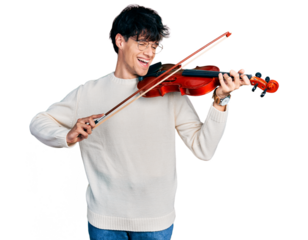 Handsome hipster young man playing violin smiling and laughing hard out loud because funny crazy joke.