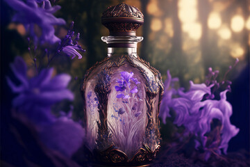 Obraz na płótnie Canvas fantasy glass bottle with purple flowers