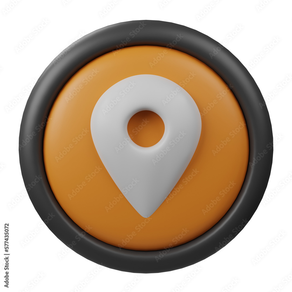 Poster 3d rendered location button icon with orange color and black border for creative user interface and 