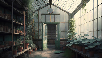 the interior of a greenhouse, greenhouse workshop, generative AI