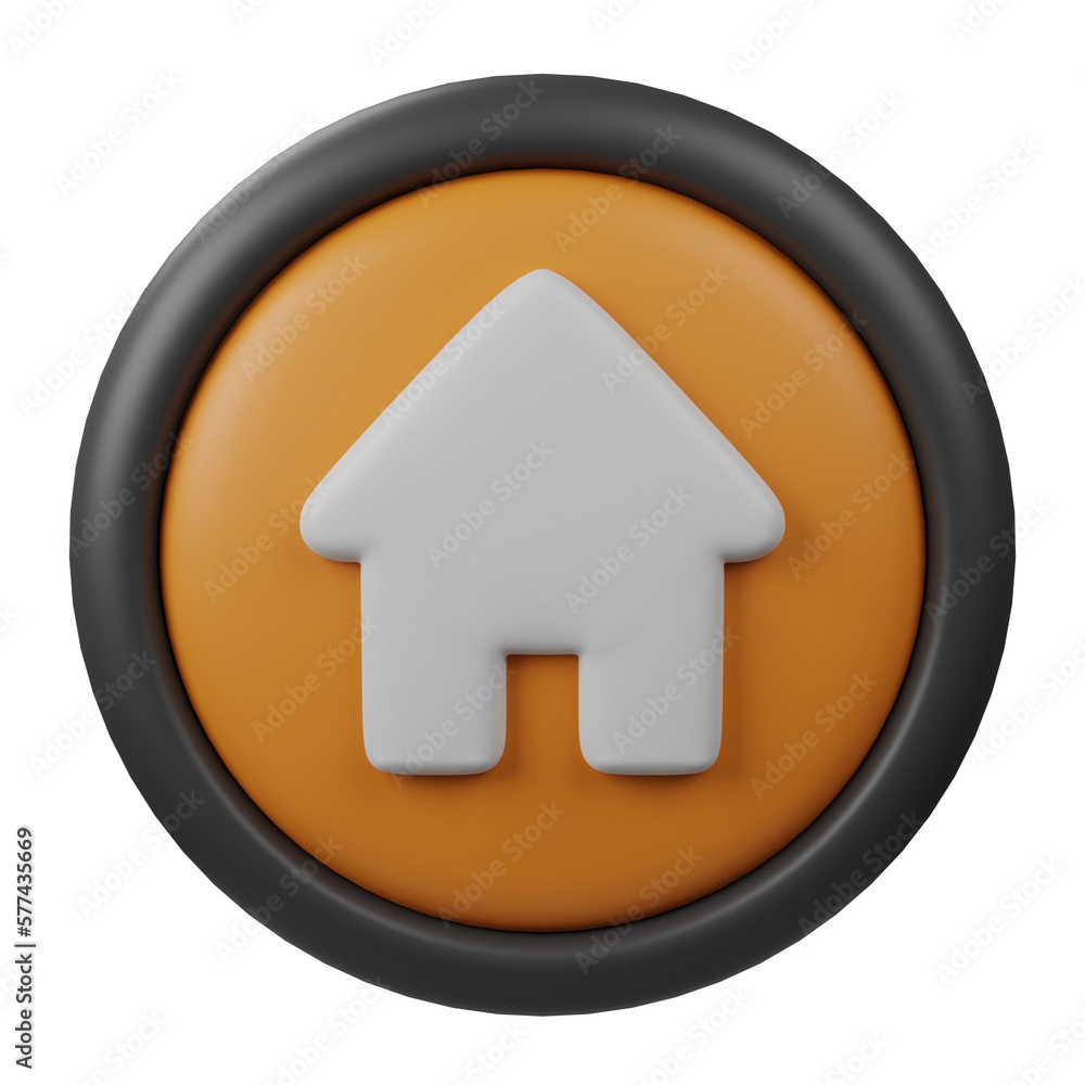 Poster 3d rendered home button icon with orange color and black border for creative user interface and web 