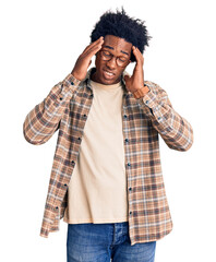 Handsome african american man with afro hair wearing casual clothes and glasses with hand on head,...