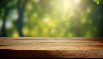 Naklejka na ściany i meble Wooden table and blurred green nature bokeh background for product.Tabletop photography: Images of various objects, such as books, plants, or stationery, arranged on a wooden tabletop.Generative AI