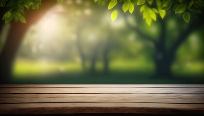 Naklejka na ściany i meble Wooden table and blurred green nature bokeh background for product.Tabletop photography: Images of various objects, such as books, plants, or stationery, arranged on a wooden tabletop.Generative AI