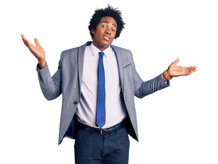 Handsome african american man with afro hair wearing business jacket clueless and confused...
