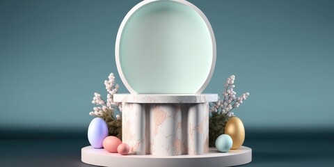 Happy Easter concept. Easter eggs with podium empty pedestal in color spring stage design background, copy space. Holiday sale special season promotions product placement template, AI generative.