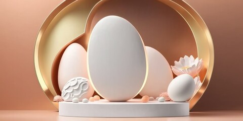 Happy Easter concept. Easter decor with podium empty pedestal in pastel spring stage design background, copy space. Holiday sale special season promotions product placement template, AI generative.