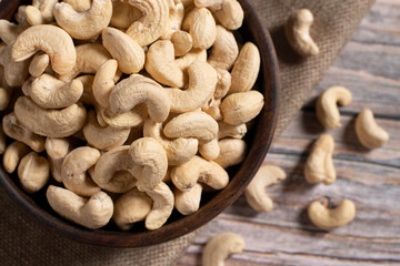 cashew nuts on wooden background