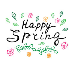 Vector illustration of happy spring lettering isolated with decortive elements