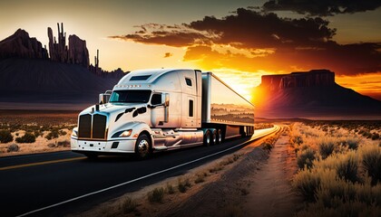 Obraz na płótnie Canvas American semi truck on highway at sunset, generative ai
