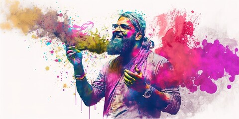 Obraz na płótnie Canvas Happy Indian guy watercolor abstract banner representing Holi festival of colors. White background with copy space. Generative AI illustration