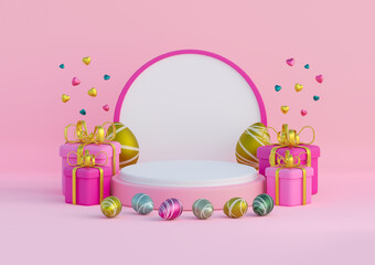 Pink and white podium with pink background and Easter eggs. 3d render illustration