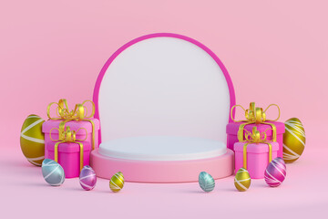 Pink and white podium with pink background and Easter eggs. 3d render illustration