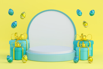 Blue podium with gift boxes and painted eggs on a yellow background. 3d render illustration