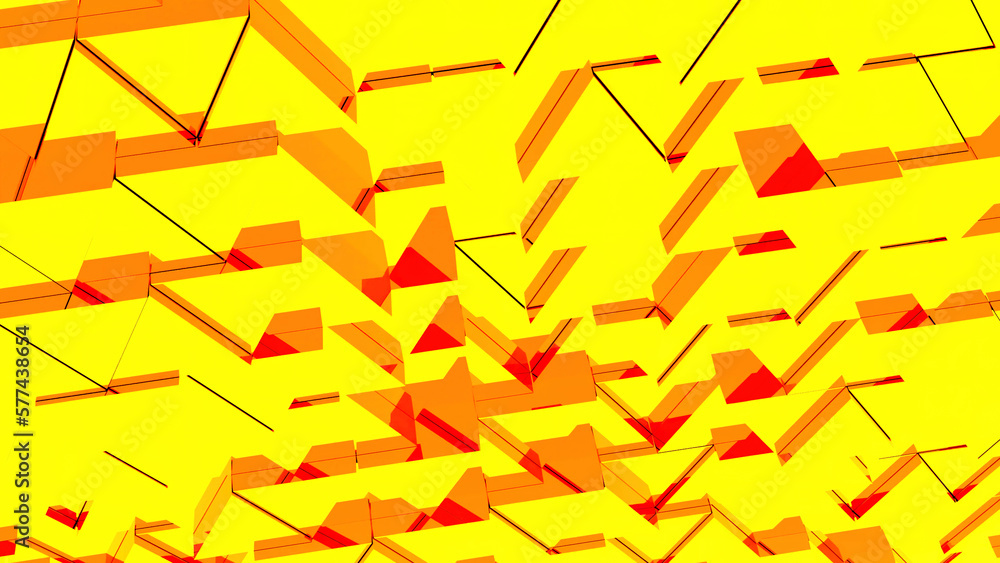 Poster geometric background with orange and red wavy mosaic triangular particles. design. wobbling colorful