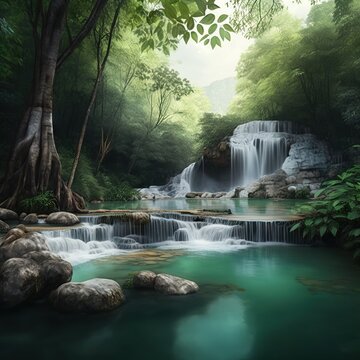 beautiful waterfall in deep tropical forest,realistic painting Generative AI