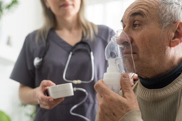 Elderly Senior Man nursing care wear oxygen inhaler device for helping breath respiratory. Oxygen Concentrator portable - obrazy, fototapety, plakaty