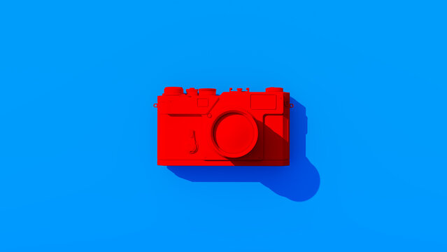 Bright Red Compact Camera Lens 1980's Style Vintage Vivid Blue Background 3d illustration render