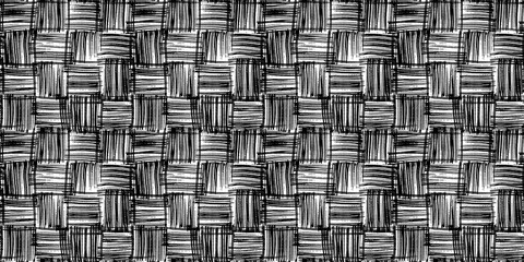 Seamless abstract hand drawn basket weave crosshatch stripes checker texture doodle drawing pattern overlay. Trendy black ink line art textile design illustration isolated on white background. - obrazy, fototapety, plakaty