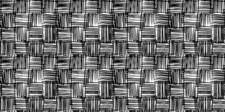 Seamless abstract hand drawn basket weave crosshatch stripes checker texture doodle drawing pattern overlay. Trendy black ink line art textile design illustration isolated on white background.
