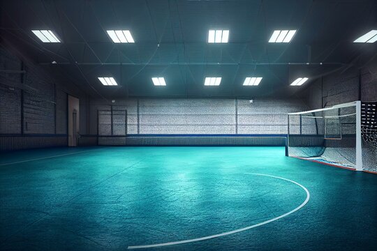 Sport futsal background. Football futsal ball goal and floor. Indoor soccer sports hall.  Indoor Soccer Winter League. Generative AI
