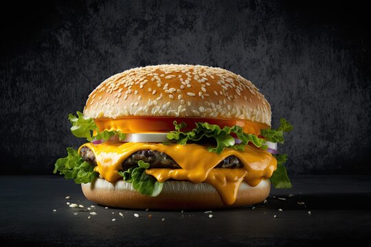 Juicy of double cheese of hambuger  with black background. Generative AI.