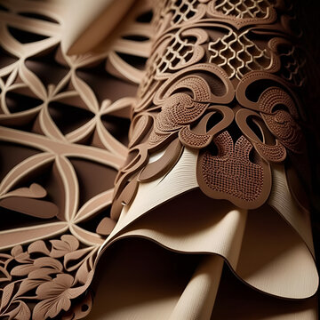Laser cut leather and wool trimming, repeated design, home couture, luxury, soft brown and cream, inspired by burberry couture handbag straps, textured, repeating