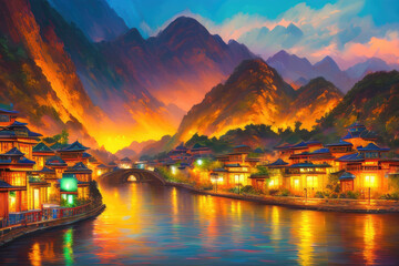 Generative ai traditional china village china houses with warm lights bright coral