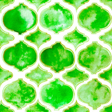 Quatrefoil Seamless Pattern. Green and Teal Geometric Morrocan Tile. Lattice Marrakesh Watercolor Design. Rhombus Majolica Background. Barbed Watercolour Trellis. Arabic Damask Print.