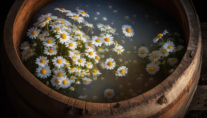 Daisies in a large rustic wooden barrel filled with water. Tincture, decoction, traditional medicine. Photorealistic drawing generated by AI.