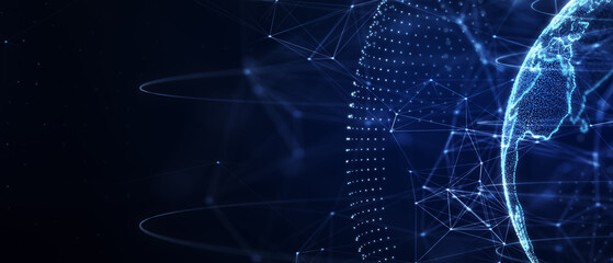 Blue futuristic background with planet Earth. Composition, representing the global, network connection, international meaning. Global social network. 3d illustration.
