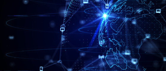 Blue futuristic background with planet Earth. Composition, representing the global, network connection, international meaning. Global social network. 3d illustration.
