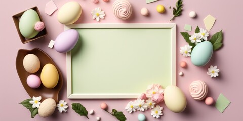 Naklejka na ściany i meble Happy Easter concept. Easter eggs decorations in spring colors design festive background with mock up template empty space for ads. Holiday sale special season promotions, mockup, AI generative.