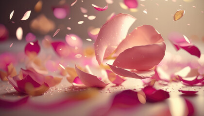 Pink rose petals fall on the table against a blurred background. Background for a romantic card for Valentine's Day. Photorealistic drawing generated by AI.