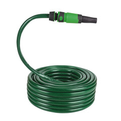 Coiled flexible tube watering garden hose hosepipe with sprayer isolated on white background