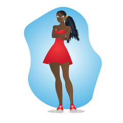 A slender black girl in a short red dress and sneakers stands with her arms crossed on her chest on a blue background