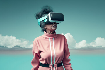 Generative ai senior woman using 3D vr goggles