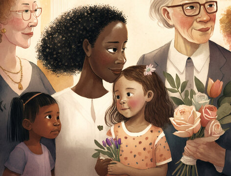 A Watercolor Of A Racially Diverse Multigenerational Family Celebrating Mothers Day | Generative AI