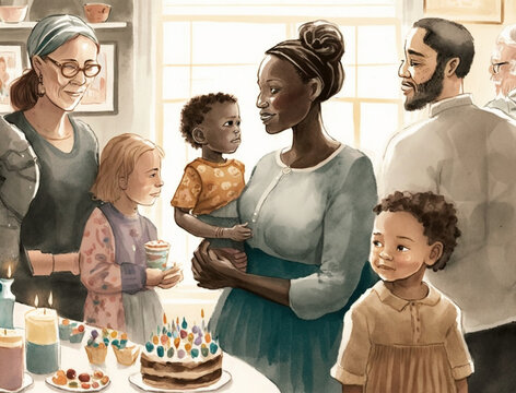 A Watercolor of a Racially Diverse Multigenerational Family on Mothers Day | Generative AI