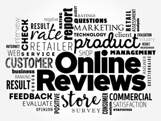 Online Reviews - reflects the opinions and experiences of a customer purchasing a product or service, word cloud concept background