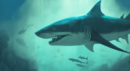 Obraz premium woman looking at the experimental shark in a big fish tank, digital art style, illustration painting, Generative AI