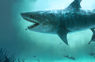 woman looking at the experimental shark in a big fish tank, digital art style, illustration painting, Generative AI