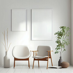 Fototapeta na wymiar Blank picture frame mockup on white wall. Modern living room design. View of modern Boho style interior with chair, minimalism concept. Two vertical templates for artwork, painting Generative IA