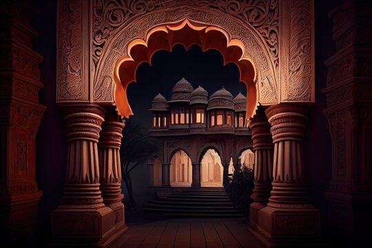 Splendid Night Illumination of an Ancient Indian Palace: A Historic Landmark Gateway to Eastern Culture: Generative AI