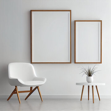 Blank picture frame mockup on white wall. Modern living room design. View of modern Boho style interior with chair, minimalism concept. Two vertical templates for artwork, painting Generative IA