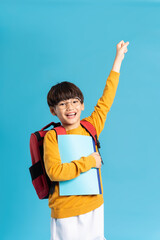 Portrait of Asian school boy born on a blue background