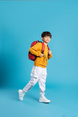 Portrait of Asian school boy born on a blue background