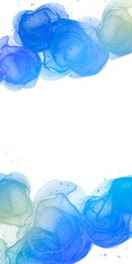 アルコールインクアートの縦長抽象フレーム）上下に液体テクスチャの青いグラデーションの丸