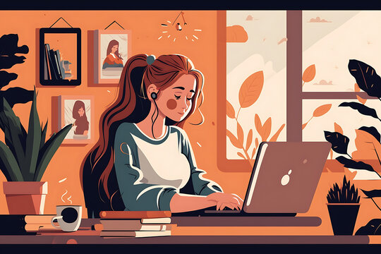 Flat vector illustration Young female student studying online with laptop, working remotely from home with laptop, watching webinar, learning web training online, sitting at desk working video call, w