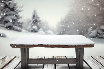 Empty Wooden Table Against Snowy Winter Background: An Ideal Place for Advertising Mock-ups: Generative AI